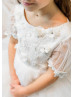 Elbow Sleeves Beaded Ivory Lace Tulle Flower Girl Dress